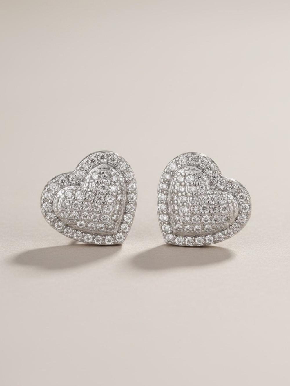 Silver Heart Pavé Stud Earrings - White